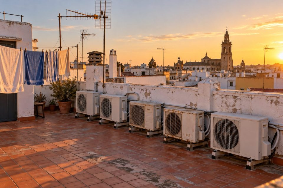 Unidades exteriores de aire acondicionado en una azotea al atardecer