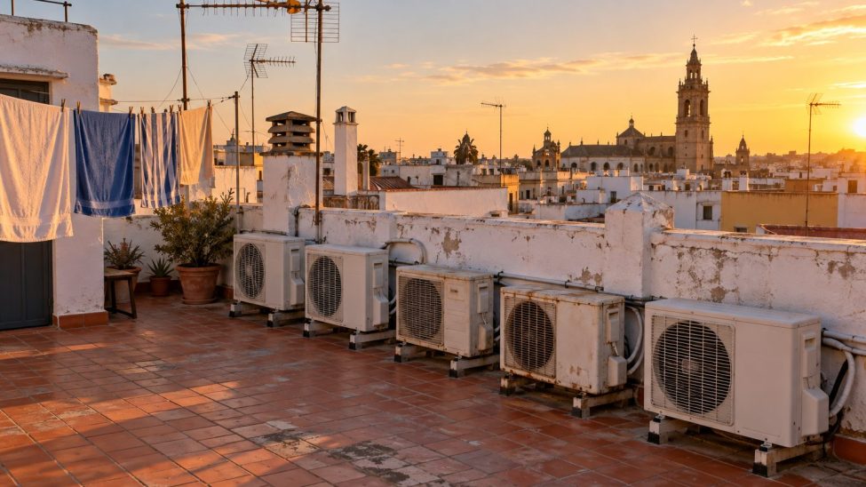 Unidades exteriores de aire acondicionado en una azotea al atardecer