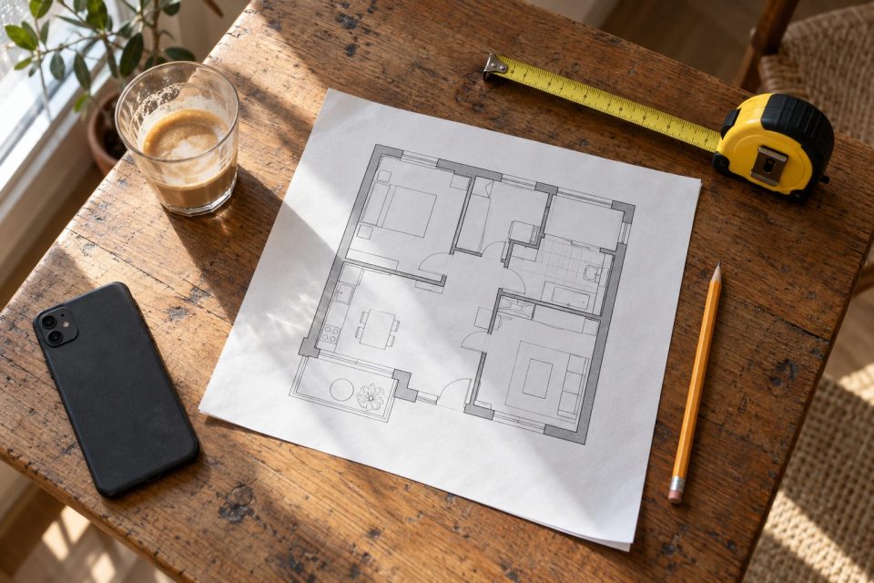 Plano de vivienda con cinta métrica para calcular frigorías