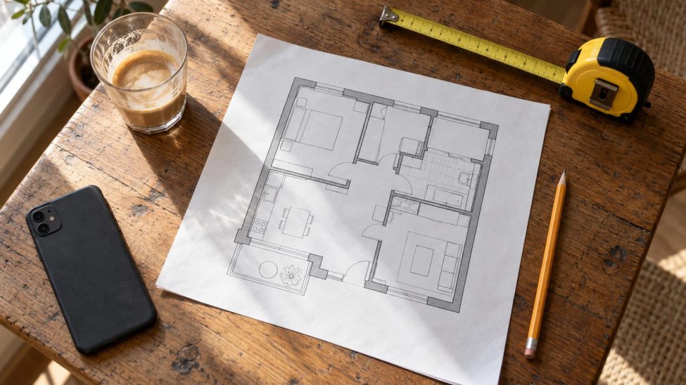 Plano de vivienda con cinta métrica para calcular frigorías