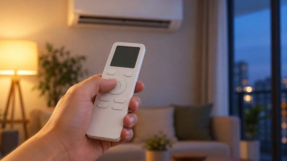 Mano con el mando del aire acondicionado en el salón