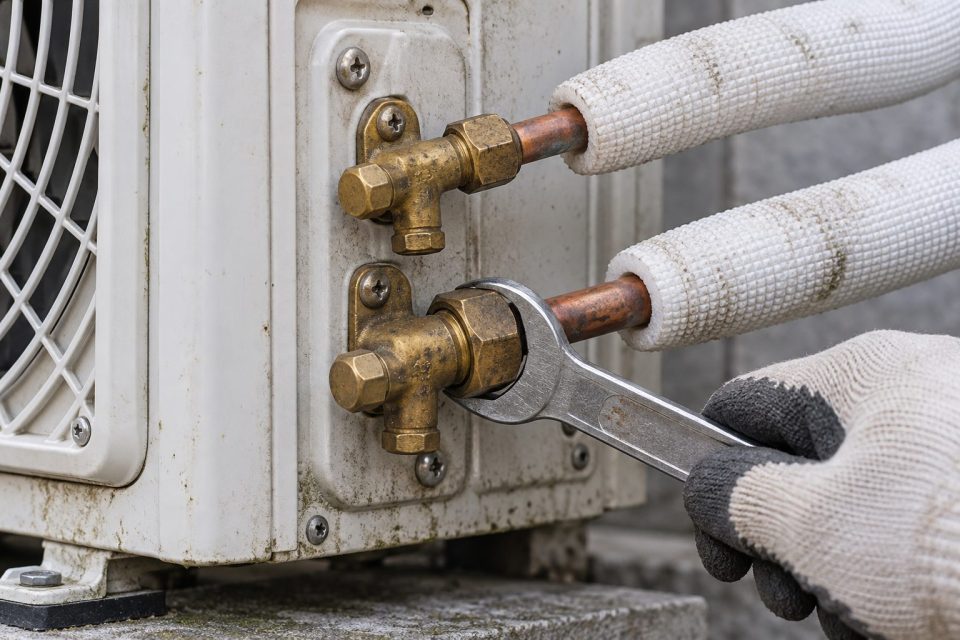 Válvulas de servicio de una unidad exterior con gas R32