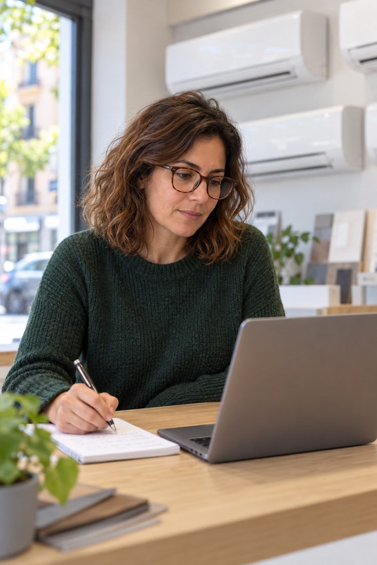 Lucía Navarro, asesora técnica, preparando un presupuesto en el showroom