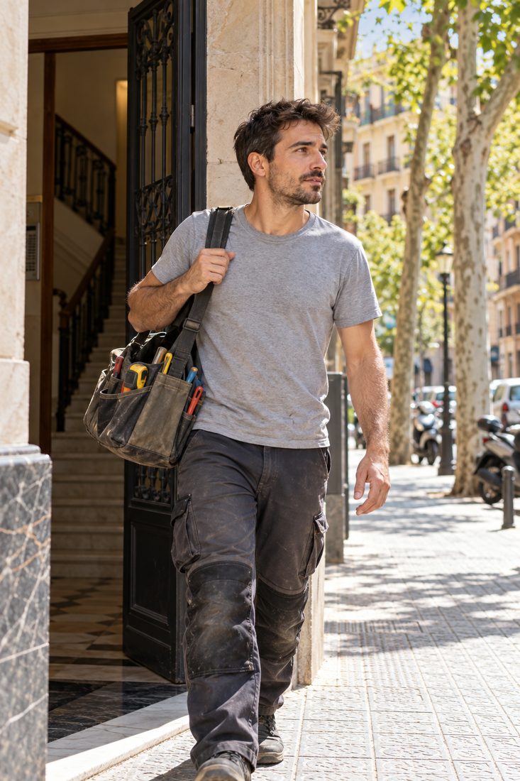 Instalador de Caldaiemural saliendo de un portal en Valencia con la bolsa de herramientas